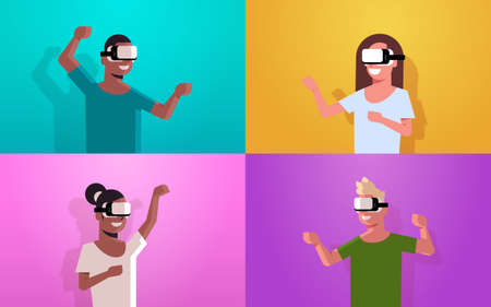 set people wearing vr goggles headset mix race men women exploring virtual reality digital glasses while playing video game portrait horizontal vector illustrationのイラスト素材