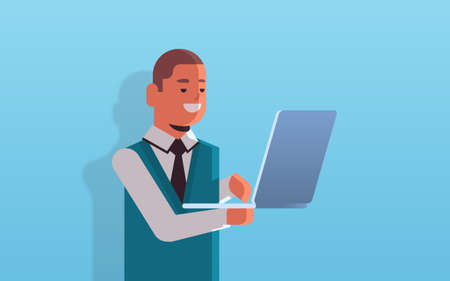 businessman working on laptop smiling business man office worker in formal wear using computer application portrait horizontal vector illustrationのイラスト素材