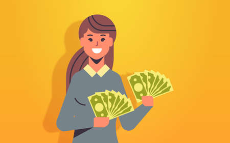 excited woman holding money bills financial success wealth concept cheerful rich businesswoman with dollar banknotes horizontal portrait vector illustrationのイラスト素材