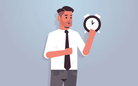 businessman holding clock time management deadline concept business man with alarm clock horizontal portrait vector illustrationのイラスト素材