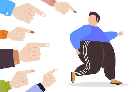 depressed overweight man being bullied surrounded by fingers pointing on upset fat male character peer violence victim of bullying mocking public disapproval concept full length horizontal vector illustrationのイラスト素材