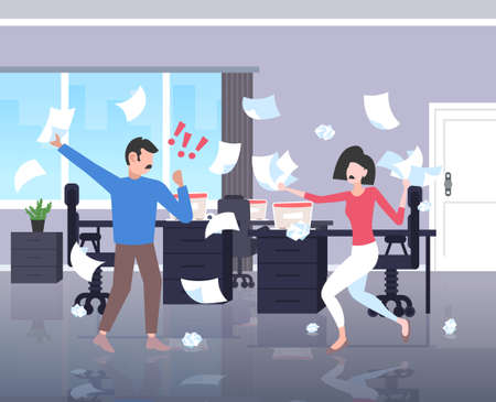 businesspeople throwing papers conflict problem concept businessman woman couple arguing colleagues disputing having disagreement at work negative emotions office interior horizontal full length vector illustrationのイラスト素材