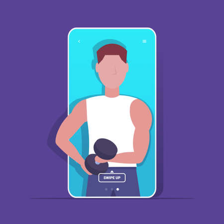 fitness blogger doing exercises with dumbbell man online gym trainer sport activity workout blogging healthy lifestyle concept portrait smartphone screen mobile app vector illustrationのイラスト素材