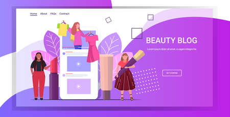 fashion beauty bloggers showing clothes and latest trend makeup tutorials mix race women recording online video live streaming blogging concept smartphone screen mobile app horizontal copy space vector illustrationのイラスト素材