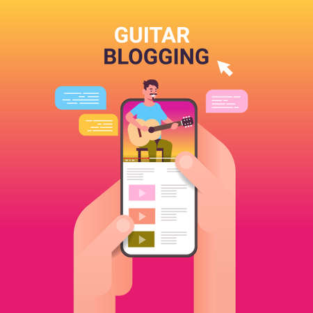 hands using smartphone with musical blogger on screen man playing guitar live streaming blogging concept portrait online mobile app vector illustrationのイラスト素材