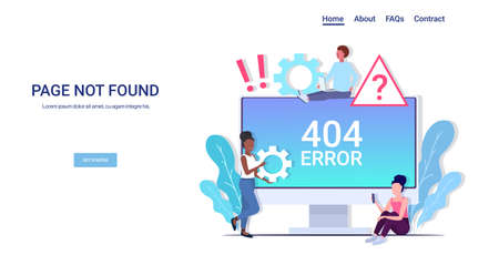 mix race people using computer app 404 page not found concept internet connection problem message on...