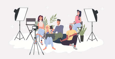 bloggers group recording video blog with digital camera on tripod mix race men women live streaming social media network blogging concept horizontal full length vector illustrationのイラスト素材