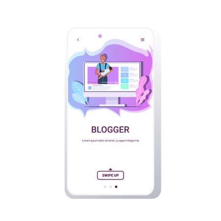 mother blogger holding baby family vlog blogging social media network live streaming concept maternity breastfeed video blog smartphone screen online mobile app portrait copy space vector illustrationのイラスト素材