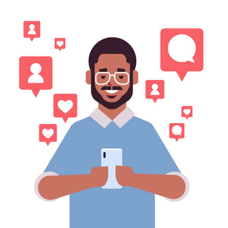 african american man using mobile application on smartphone notifications with likes followers comments social media network digital addiction concept portrait vector illustrationのイラスト素材