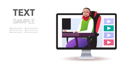 man gamer commentating or playing game video review blogging live streaming concept blogger in headphones talking to microphone monitor screen online player portrait copy space horizontal vector illustrationのイラスト素材