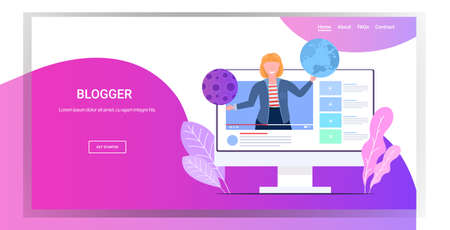 blogger teacher holding planets solar system exploration astronomy lesson blogging concept woman giving educational training portrait horizontal copy space vector illustrationのイラスト素材