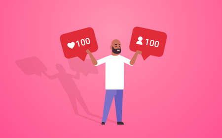 man holding notification icons african american blogger excited about followers activity on social media networking blogging concept full length horizontal vector illustrationのイラスト素材