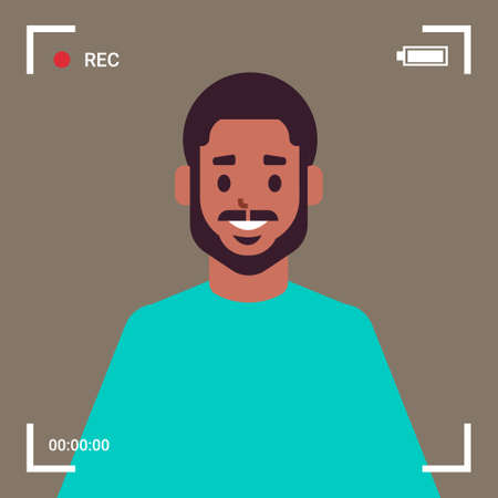 camera screen frame viewfinder rec african american male blogger or reporter recording online video man talking on live stream portrait vector illustrationのイラスト素材