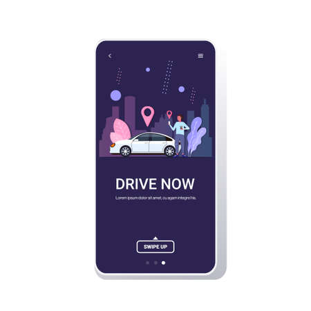 man using mobile app online ordering taxi car sharing transportation drive now concept location geo tags cityscape background smartphone screen full length copy space vector illustrationのイラスト素材