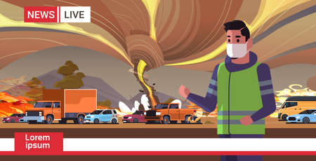 breaking news man reporter in mask live brodcasting bush fire dry woods burning trees global warming...