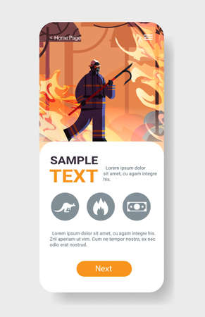 brave firefighter holding scrap extinguishing dangerous wildfire fighting bush fire firefighting natural disaster concept intense orange flames smartphone screen mobile app copy space vertical vector illustrationのイラスト素材