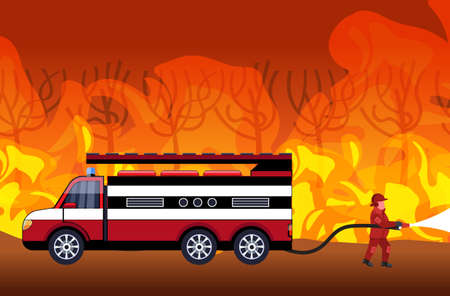 firefighter extinguishing dangerous wildfire in australia fireman spraying water from fire truck fighting bushfire firefighting natural disaster concept intense orange flames horizontal vector illustrationのイラスト素材
