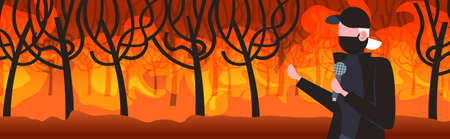 breaking news reporter in mask talking to microphone bushfire global warming natural disaster concept dangerous wildfire development dry woods burning trees portrait horizontal vector illustrationのイラスト素材