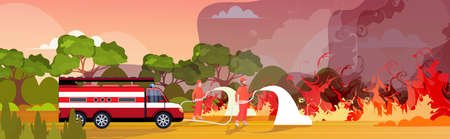 firefighters extinguishing dangerous wildfire in australia firemen spraying water from fire truck fighting bushfire firefighting natural disaster concept intense orange flames horizontal vector illustrationのイラスト素材