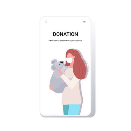 woman in mask holding koala bear forest fires animals dying in wildfire bushfire natural disaster pray for Australia donation concept intense orange flames smartphone screen obile app vector illustrationのイラスト素材