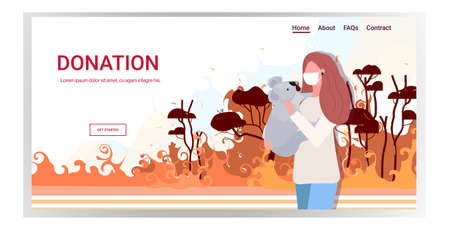 woman in mask holding koala bear forest fires animals dying in wildfire bushfire natural disaster pray for Australia donation concept intense orange flames horizontal portrait copy space vector illustrationのイラスト素材