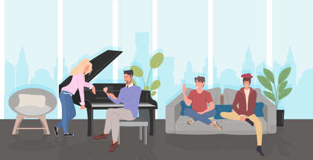 people discussing during meeting men women spending time together communication relaxation concept modern living room interior horizontal full length vector illustrationのイラスト素材