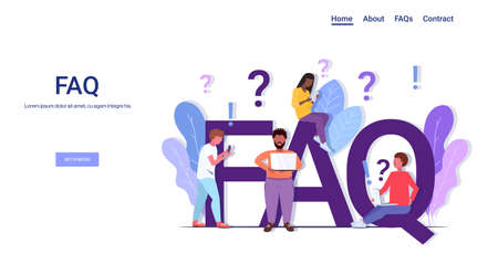 mix race people group with question exclamation marks using digital devices online support center frequently asked questions FAQ concept full length copy space horizontal vector illustrationのイラスト素材