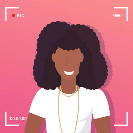 camera screen frame viewfinder rec female african american blogger or reporter recording online video woman talking on live stream portrait vector illustrationのイラスト素材