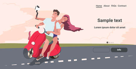 couple riding scooter man woman travelers bloggers using selfie stick taking photo on smartphone camera social network communication blogging travelling concept full length horizontal copy space vector illustrationのイラスト素材