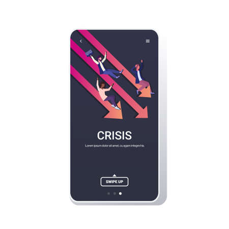mix race businesspeople sliding down falling economic arrow financial crisis bankrupt investment risk business failure concept full length smartphone screen mobile app copy space vector illustrationのイラスト素材