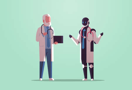 robot and human doctors discussing during meeting robotic character vs man with stethoscope standing...