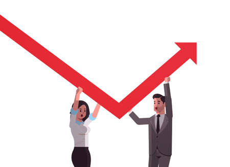 businesspeople couple rising up red growing arrow teamwork financial growth concept business people...