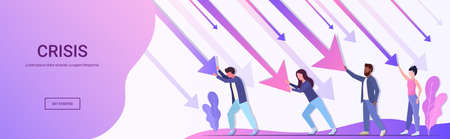 mix race businesspeople team stopping economic arrow falling down financial crisis bankruptcy...