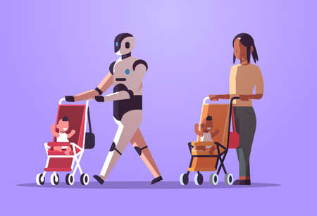 robotic babysitter and mother or nanny walking with baby in stroller robot vs human standing...