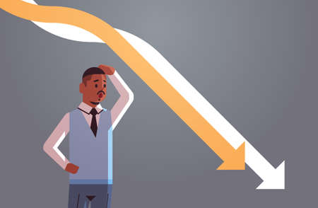 stressful businessman looking at falling down economic arrows chart graph financial crisis bankrupt investment failure risk concept portrait horizontal vector illustrationのイラスト素材