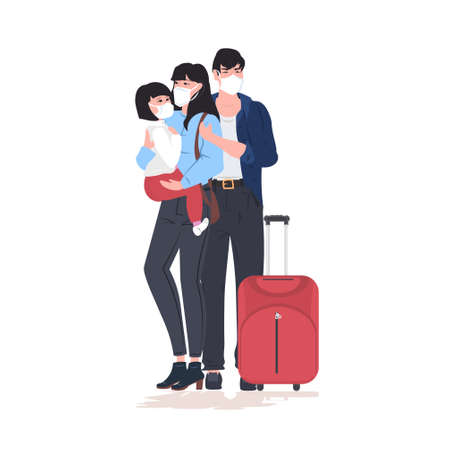 parents with child wearing masks to prevent epidemic MERS-CoV coronavirus 2019-nCoV pandemic medical health risk concept full length vector illustrationのイラスト素材