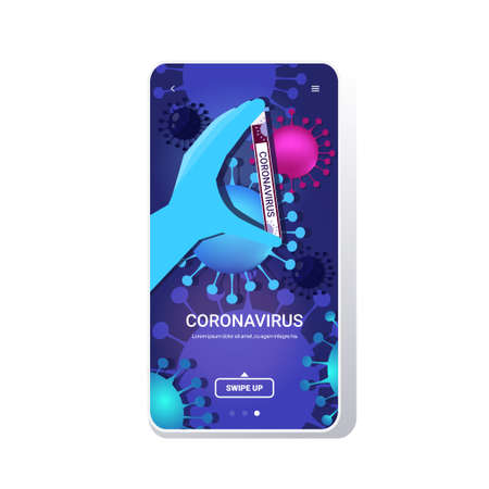 microbiologist hand holding tube coronavirus biological sample analysis in laboratory epidemic MERS-CoV 2019-nCoV pandemic medical health risk virus cells background mobile app copy space vector illustrationのイラスト素材