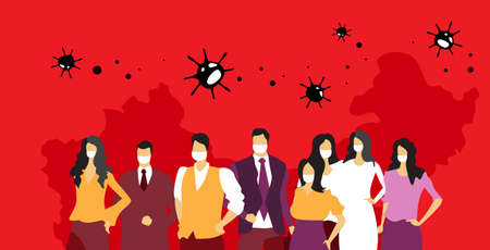 people group in protective masks epidemic MERS-CoV coronavirus flu spreading floating influenza...