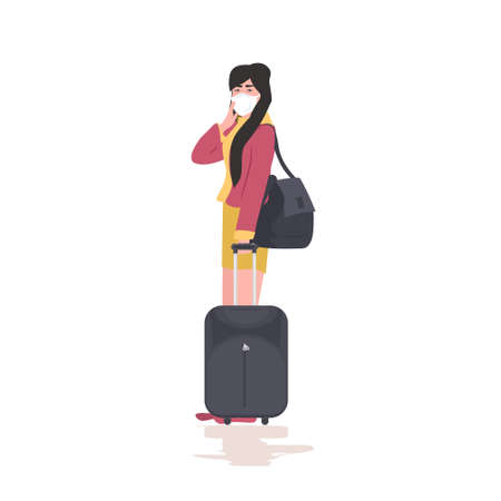 woman traveler wearing mask to prevent epidemic MERS-CoV coronavirus 2019-nCoV pandemic medical health risk full length vector illustrationのイラスト素材