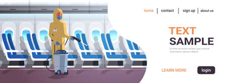 specialist in hazmat suit cleaning and disinfecting airplane for epidemic MERS-CoV virus coronavirus 2019-nCoV pandemic medical health risk concept plane interior horizontal copy space vector illustrationのイラスト素材