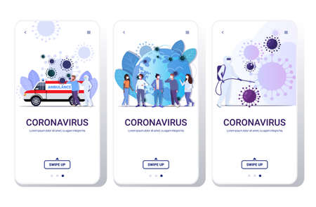 set coronavirus cells epidemic MERS-CoV virus floating influenza flu spreading of world concepts collection 2019-nCoV health risk full length smartphone screens mobile app vector illustrationのイラスト素材