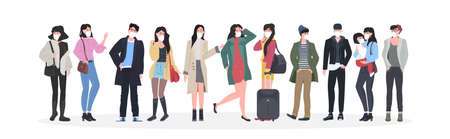 people wearing masks to prevent virus medical health risk men women group standing together full length horizontal vector illustrationのイラスト素材