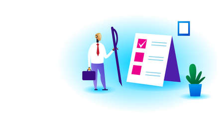 modern robot holding pen task solutions new ideas checklist with marks in check boxes business plan artificial intelligence technology concept full length horizontal vector illustrationのイラスト素材