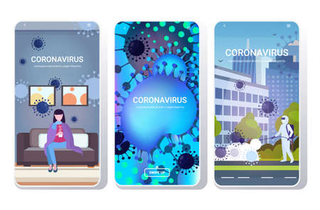 set epidemic virus coronavirus pandemic medical health risk concepts collection smartphone screens...
