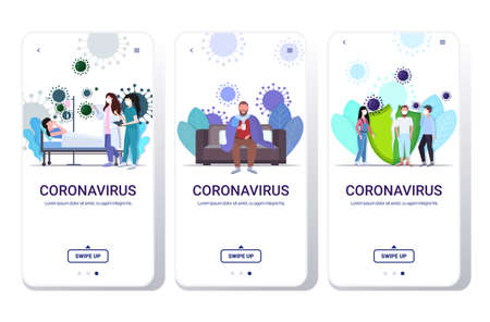 coronavirus pandemic medical health risk concepts collection mobile app full length copy space horizontal vector illustrationのイラスト素材