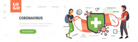 epidemic MERS-CoV floating influenza people holding virus cell with protection shield coronavirus 2019-nCoV protection concept horizontal copy space full length vector illustrationのイラスト素材