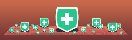 epidemic MERS-CoV medical cross shield indicated points disease spread coronavirus infection 2019-nCoV pandemic health risk city map horizontal vector illustrationのイラスト素材