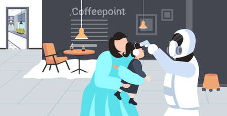 man in hazmat suit checking temperature of mother and daughter cafe visitors coronavirus infection epidemic MERS-CoV virus 2019-nCoV pandemic health risk concept portrait horizontal vector illustrationのイラスト素材