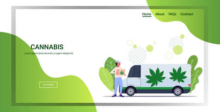 courier holding cardboard box near hemp truck cannabis delivery service drug consumption medical marijuana legalization concept horizontal full length copy space vector illustrationのイラスト素材