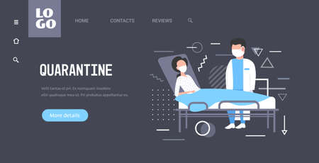 coronavirus infect control diagnosis concept doctor in mask examining illness patient lying in bed epidemic MERS-CoV 2019-nCoV quarantine concept horizontal copy space full length vector illustrationのイラスト素材